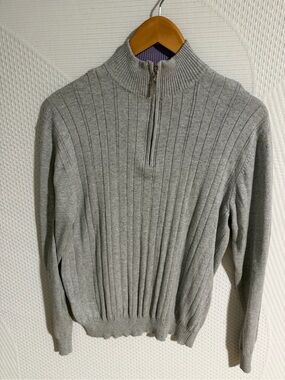 Alan Flusser Gray Ribbed Half-Zip Sweater